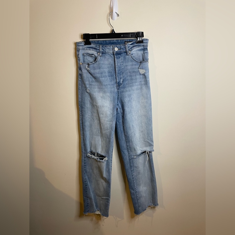 BlankNYC The Baxter Ribcage Straight Leg Distressed Jeans Button Fly Raw Hem